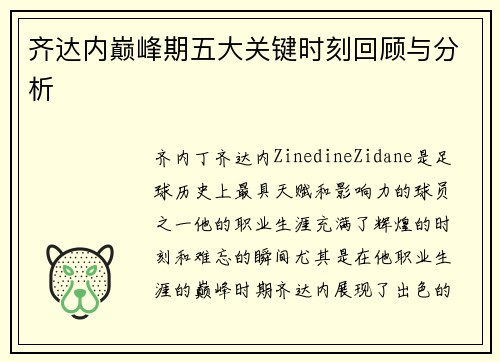 齐达内巅峰期五大关键时刻回顾与分析
